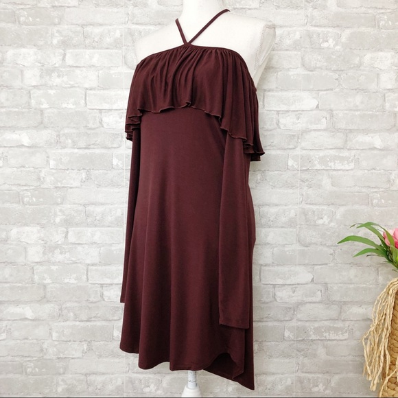 NWT CHASER Brown Off the Shoulder w/ V-Halter Neckline Long Sleeve Mini Dress M - Picture 2 of 13